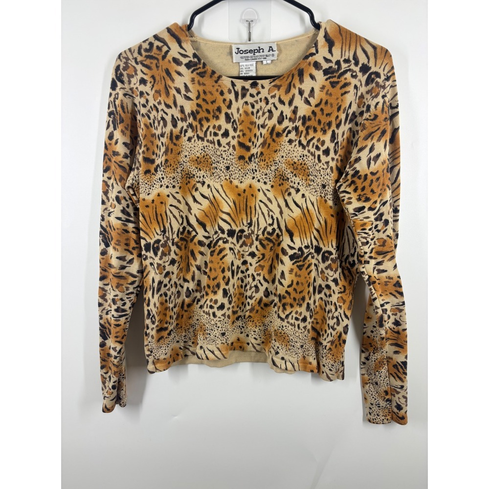 Joseph A Silk Blend Animal Print Crew Neck Sweater Leopard Tiger Tan Brown L